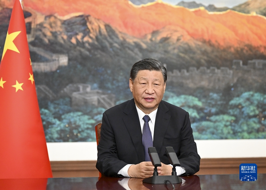 11月8日上午，國家主席習(xí)近平向2023年世界互聯(lián)網(wǎng)大會(huì)烏鎮(zhèn)峰會(huì)開幕式發(fā)表視頻致辭。新華社記者 李學(xué)仁 攝