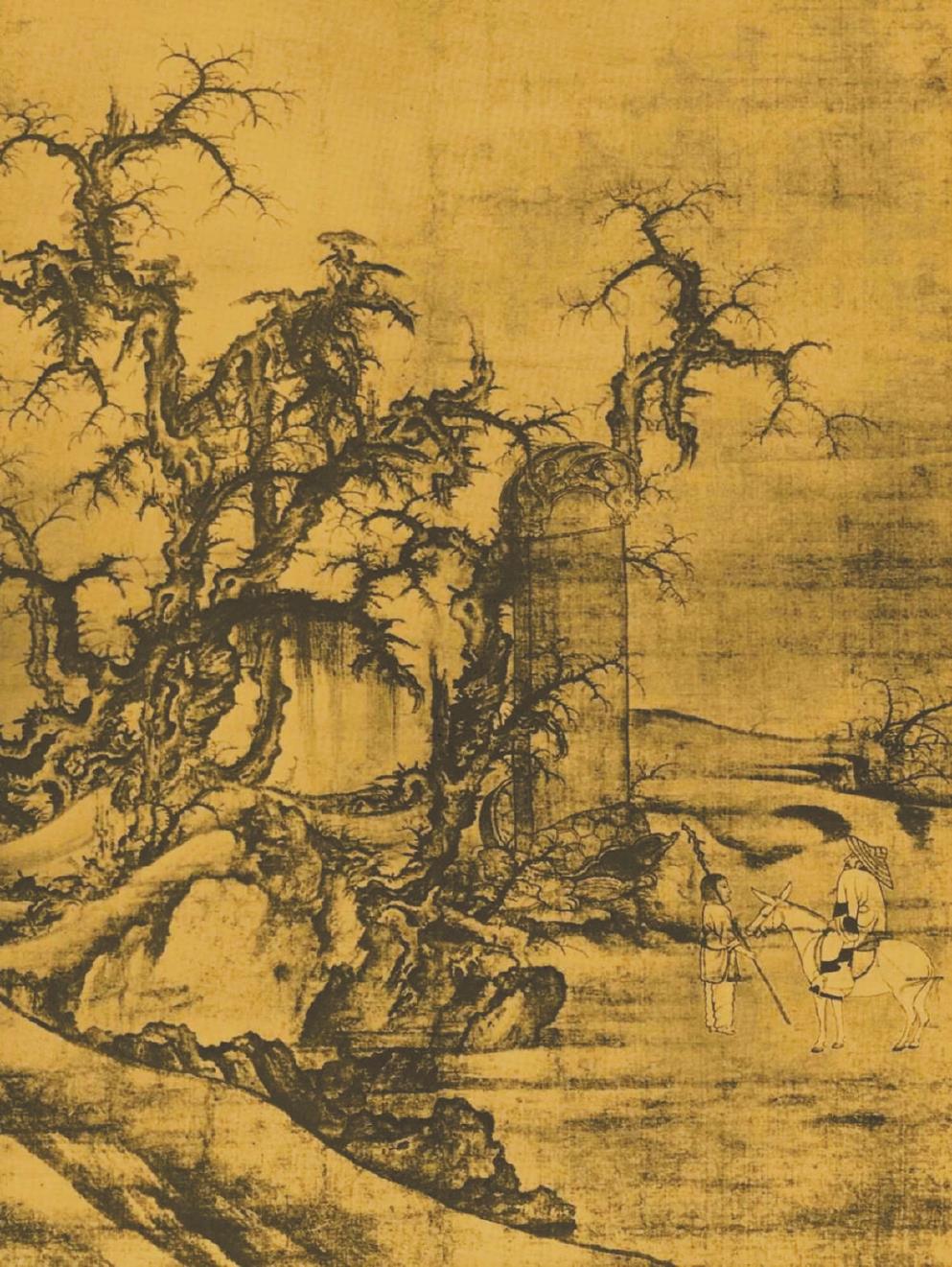 《黑神話：悟空》中的室外場景，隨處可見中國古代山水畫的影子。左圖為游戲畫面，右圖為北宋李成《讀碑窠石圖》。