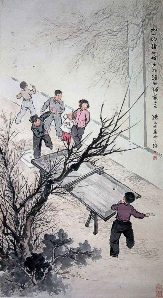 湯義方《比一比》126×69cm 中國(guó)畫 1962年 上海中國(guó)畫院藏