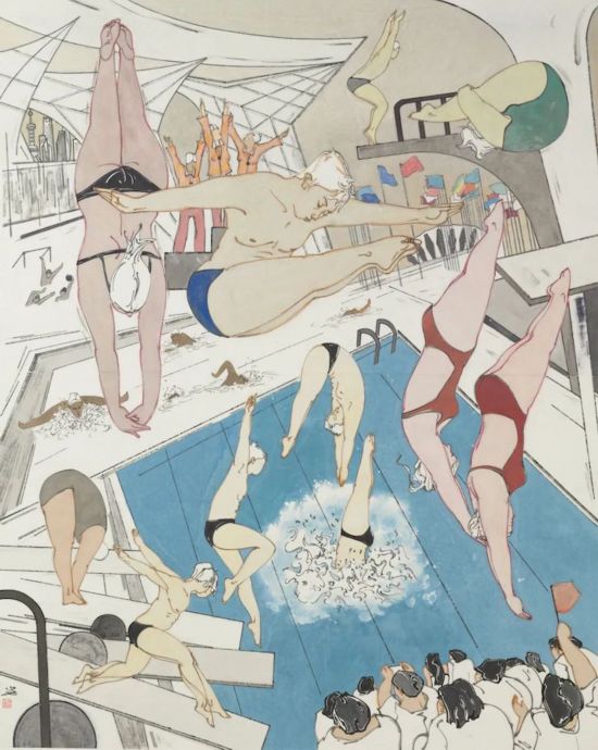 白瓔《第十四屆國(guó)際泳聯(lián)世界錦標(biāo)賽在上海舉行》194×154cm 中國(guó)畫2021年 中華藝術(shù)宮（上海美術(shù)館）藏
