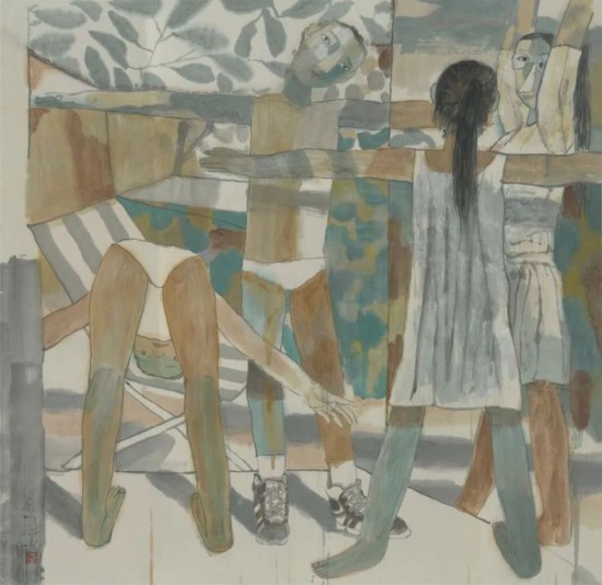 張培成《做體操》144x140cm中國(guó)畫 2002年 中華藝術(shù)宮（上海美術(shù)館）藏