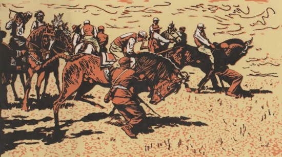 徐匡《金色的賽馬場(chǎng)》31x55cm 版畫 1981年 中華藝術(shù)宮（上海美術(shù)館）藏
