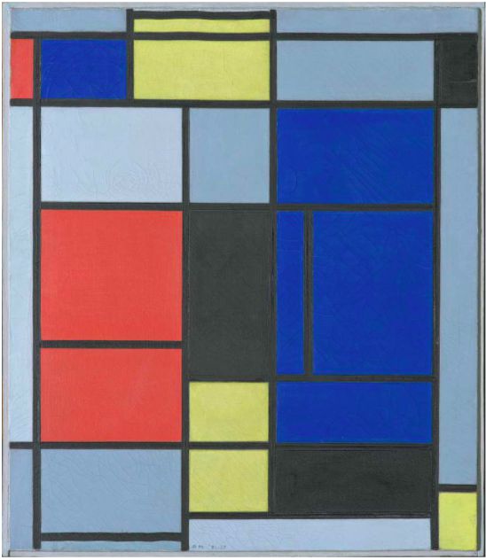 蒙德里安，《繪畫 I》，1921/1925，布面油畫，貝耶勒基金會藏（貝耶勒基金會展品）